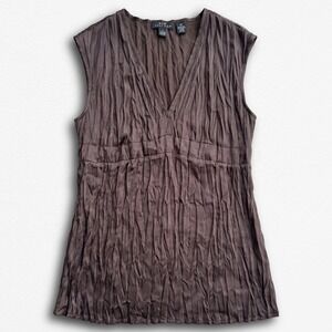 Axcess Brown Crinkle Texture V-Neck Empire Waist Sleeveless Top Y2K Size 14